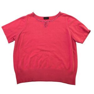 Lane Bryant Womens Sweater Size 22 Coral Sequin Bead Trim Short Sleeve Pullover